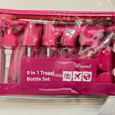 Σετ ταξιδιού 9 τεμαχίων από πλαστικό, 60ml, με μπουκάλια, σετ με τσαντάκι με φερμουάρ, δοχεία καλλυντικών, αντλία λοσιόν, σπρέι, μπουκάλια με καπάκι flip-top
