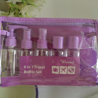 Σετ ταξιδιού 9 τεμαχίων από πλαστικό, 60ml, με μπουκάλια, σετ με τσαντάκι με φερμουάρ, δοχεία καλλυντικών, αντλία λοσιόν, σπρέι, μπουκάλια με καπάκι flip-top
